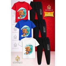 Çocuk Ayıcık Sortlu Surf Baskılı 3lü Tişort Eşofman Takımı