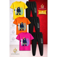 Çocuk Ayıcık Sıyah Surf Sapka Baskılı 3lü Tişort Eşofman Takımı