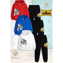 Çocuk Unısex Tom ve Jerry Kafalar Yanda 3lu Kapşonlu Eşofman Takımı
