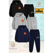 3'lü Çocuk Unısex Basketbol Truruncu Top Logo Baskılı Kapşonlu Eşofman Takımı
