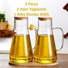 Back Sıne Bambu Kapaklı ve Bambu Altlıklı Borosilikat Cam Yağlık Sirkelik - 3 Lü Set - 2 Adet Yağdanlık ve 1ADET Bambu Stand