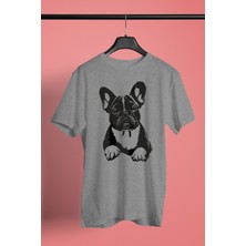 Darkhane Siyah French Buldog -Baskılı Unisex Gri Tişört - T-Shirt UT006