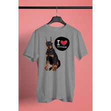 Darkhane Dobermanları Seviyorum -  Baskılı Unisex Gri Tişört - T-Shirt UT006