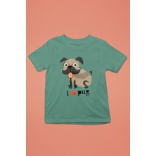 Darkhane Palabıyıklı Pug - Baskılı Unisex Su Yeşili Çocuk Tişört - T-Shirt CT001