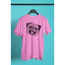 Darkhane Gülen Pug - Baskılı Unisex Pembe Tişört - T-Shirt UT002