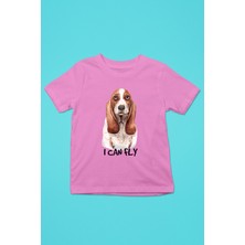Darkhane Uçabilirim Base Basset Hound -Baskılı Unisex Pembe Çocuk Tişört - T-Shirt CT002