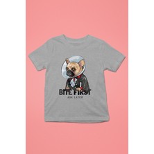 Darkhane Vampir Bulldog -Baskılı Unisex Gri Melanj Çocuk Tişört - T-Shirt CT006