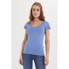 Lee Cooper Cindy Kadın %100 Pamuk V Yaka T-Shirt Mavi