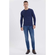 Lee Cooper Grandad Erkek %100 Pamuk Bisiklet Yaka Patli Sweatshirt Lacivert