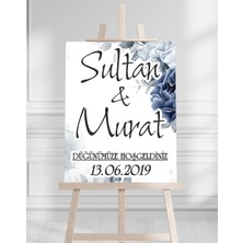 Söz Nişan Düğün Için 50X70 Karşılama Panosu - Mavi Çiçek ve Mavi Tasarımlı