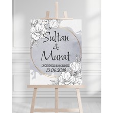 Söz Nişan Düğün Için 50X70 Karşılama Panosu - Gri Çiçek Desenli 002