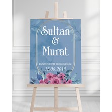 Söz Nişan Düğün Için 50X70 Karşılama Panosu - Mavi Çiçek Tasarımlı 2