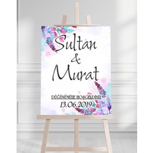 Söz Nişan Düğün Için 50X70 Karşılama Panosu - Mor Renkli Çiçek Temalı