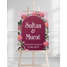 Söz Nişan Düğün Için 50X70 Karşılama Panosu - Pembe Çiçek Tasarımlı 001