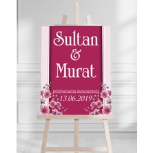 Söz Nişan Düğün Için 50X70 Karşılama Panosu - Pembe Çiçek Tasarımlı 1