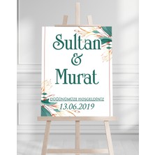 Söz Nişan Düğün Için 50X70 Karşılama Panosu - Altın ve Yeşil Çiçek Temalı
