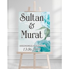 Söz Nişan Düğün Için 50X70 Karşılama Panosu - Turkuaz Çiçek ve Yaprak Tasarımlı