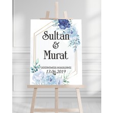 Söz Nişan Düğün Için 50X70 Karşılama Panosu - Mavi Çiçek Tasarımlı 003