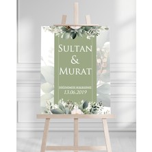 Söz Nişan Düğün Için 50X70 Karşılama Panosu - Yeşil Çiçek Desenli 004
