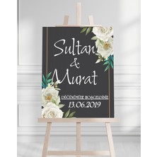 Söz Nişan Düğün Için 50X70 Karşılama Panosu - Siyah ve Gold Çiçek Temalı 05