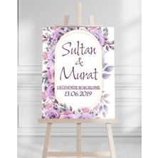 Söz Nişan Düğün Için 50X70 Karşılama Panosu - Mor Gül Desenli