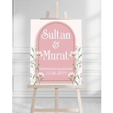 Söz Nişan Düğün Için 50X70 Karşılama Panosu - Pembe Çiçek Tasarımlı 011