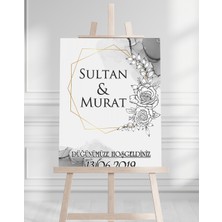 Söz Nişan Düğün Için 50X70 Karşılama Panosu - Gri Çiçek Desenli 005