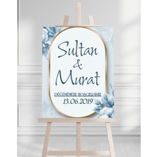 Söz Nişan Düğün Için 50X70 Karşılama Panosu - Mavi Çiçek Tasarımlı 002