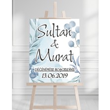 Söz Nişan Düğün Için 50X70 Karşılama Panosu - Mavi Çiçek Temalı