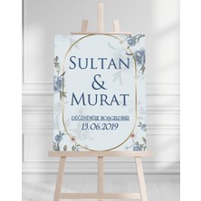 Söz Nişan Düğün Için 50X70 Karşılama Panosu - Mavi Çiçek Desenli