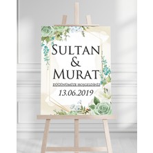 Söz Nişan Düğün Için 50X70 Karşılama Panosu - Yeşil Renkleri Çiçek Temalı