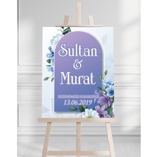 Söz Nişan Düğün Için 50X70 Karşılama Panosu - Mor Çiçek Tasarımlı 001