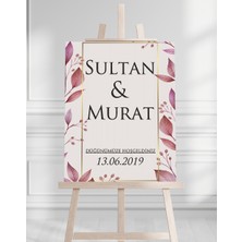 Söz Nişan Düğün Için 50X70 Karşılama Panosu - Pembe Yaprak Tasarımlı