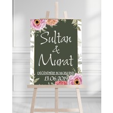Söz Nişan Düğün Için 50X70 Karşılama Panosu - Renkli Çiçek ve Yeşil Tasarımlı