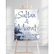 Söz Nişan Düğün Için 50X70 Karşılama Panosu - Mavi Çiçek Özel Tasarımlı
