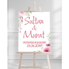 Söz Nişan Düğün Için 50X70 Karşılama Panosu - Pembe Ren Çiçek Temalı