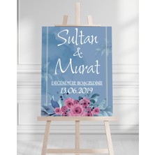 Söz Nişan Düğün Için 50X70 Karşılama Panosu - Mavi Çiçek Tasarımlı 1