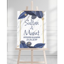 Söz Nişan Düğün Için 50X70 Karşılama Panosu - Mavi Renk Çiçek Temalı 07