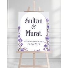 Söz Nişan Düğün Için 50X70 Karşılama Panosu - Mor Çiçek Tasarımlı 005