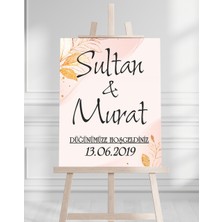 Söz Nişan Düğün Için 50X70 Karşılama Panosu - Pembe ve Altın Çiçek Desenli