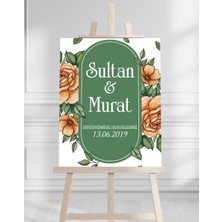 Söz Nişan Düğün Için 50X70 Karşılama Panosu - Renkli Çiçek ve Yeşil Desenli