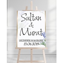 Söz Nişan Düğün Için 50X70 Karşılama Panosu - Mavi Çiçek Desenli Pano