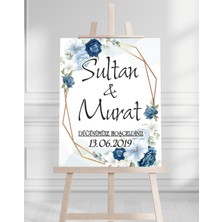 Söz Nişan Düğün Için 50X70 Karşılama Panosu - Mavi Çiçek Tasarımlı 008