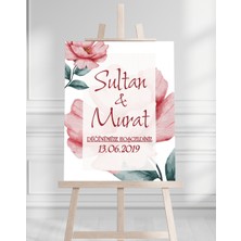 Söz Nişan Düğün Için 50X70 Karşılama Panosu - Pembe Çiçek Tasarımlı