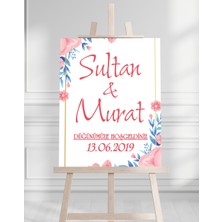 Söz Nişan Düğün Için 50X70 Karşılama Panosu - Pembe Renkleri Çiçek Temalı 01
