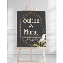 Söz Nişan Düğün Için 50X70 Karşılama Panosu - Siyah ve Gold Çiçek Temalı 09