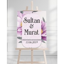 Söz Nişan Düğün Için 50X70 Karşılama Panosu - Mor Gül Tasarımlı