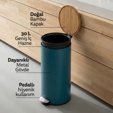 5Five Simply Smart Modern Çöp Kutusu - Metal Pedallı, Bambu Kapak, 30 L, Petrol Mavisi