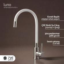 Deante LUNO Mutfak Bataryası – Esnek Uçlu, Çift Akışlı, Sessiz Akış, Beyaz-Çelik