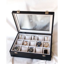 Shansora Design El Yapımı 15'li Premium Saat Kutusu, Suni Deri Kaplamalı, Camlı Özel Tasarım, Aksesuar Düzenleyici